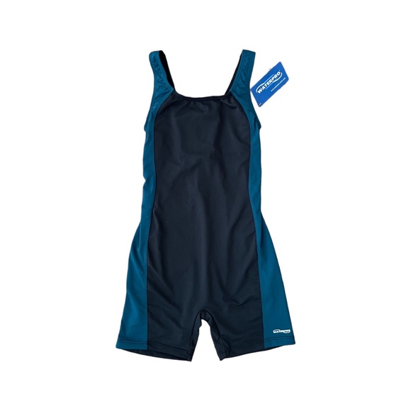 WATERPRO Women's Blue Teal Black Splice Swim Unitard Modest Full Coverage Size 8 - Picture 1 of 8